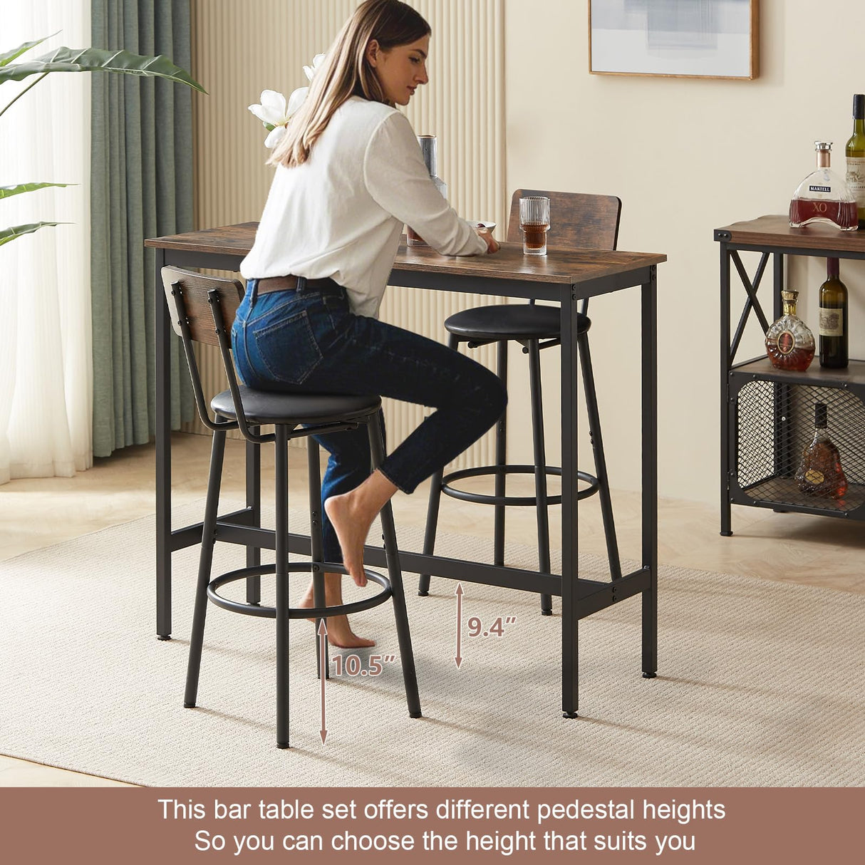 VEPXXP Industrial Bar Table and Chairs Set for 2, 3-Piece Rectangular Pub Table with 2 Stools & Backrest, Counter Height Small Kitchen Table with Bar Chairs for Dining Room Small Space, Rustic Brown VEPXXP