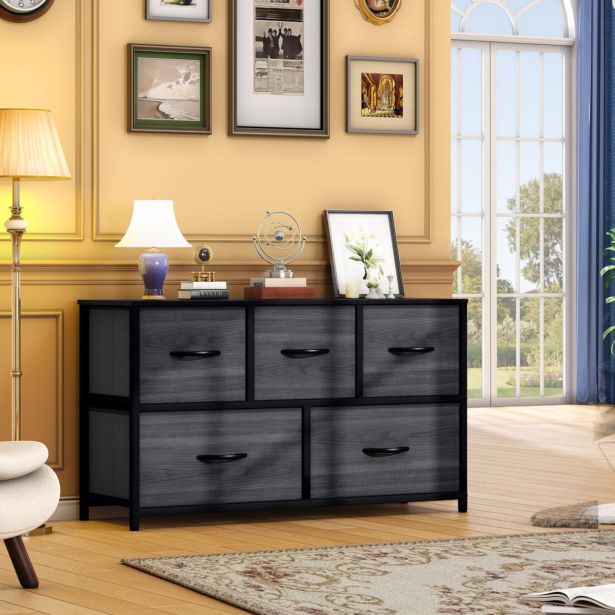 DWVO Dresser with 5 Drawers - Fabric Storage Tower, Organizer Unit for Bedroom, Living Room, Closets - Sturdy Steel Frame, Wooden Top DWVO