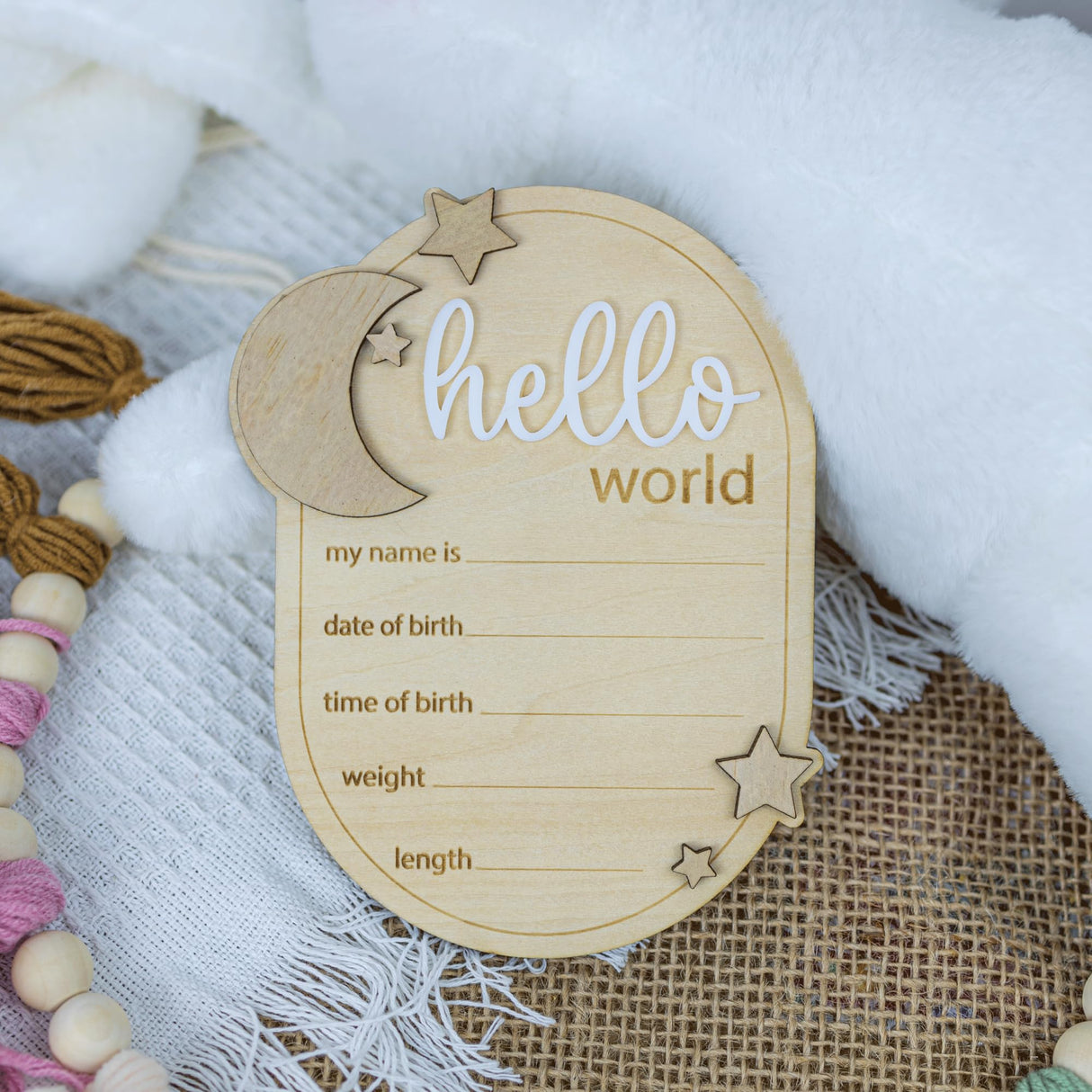 Baby Announcement Sign Star, 6.5 Inch Wooden Hello World Newborn Welcome Sign Birth Baby Name Plaques for Photo Props Baby Shower Hospital Nursery (A62) ONNIBE