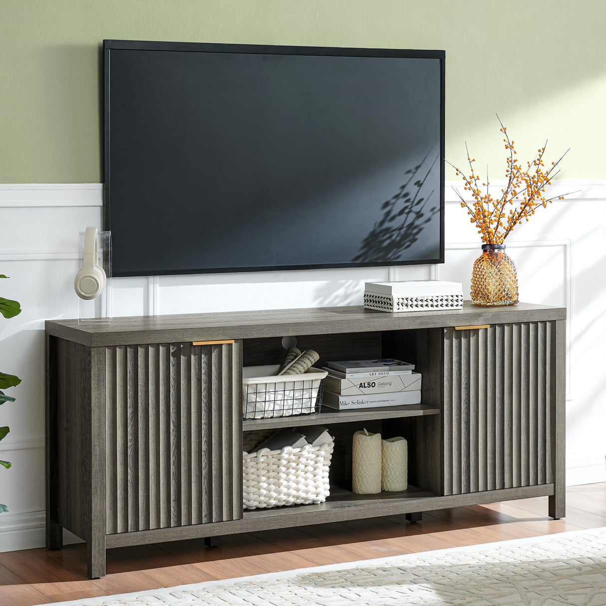 OAKHAM HOME Fluted TV Stands for Living Room, Heavy Duty Entertainment Center with Storage, Mid Century Modern Television Stands for 50/55/60/65 TV, Oxford Media TV Console (Medium,Midnight Oak) OAKHAM HOME