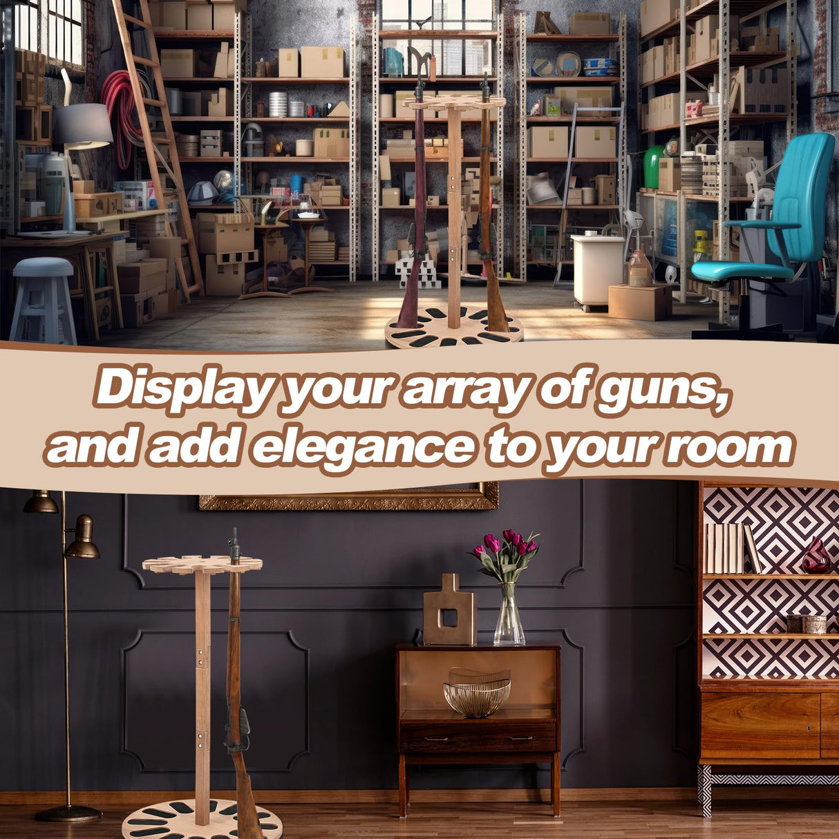 RattanView Wooden Gun Rack Holds 12 Guns Display Storage Holder Indoor Vertical Gun Stand with Soft Padding 2 Adjustable Heights for Living Room Collection Room Warehouse RattanView