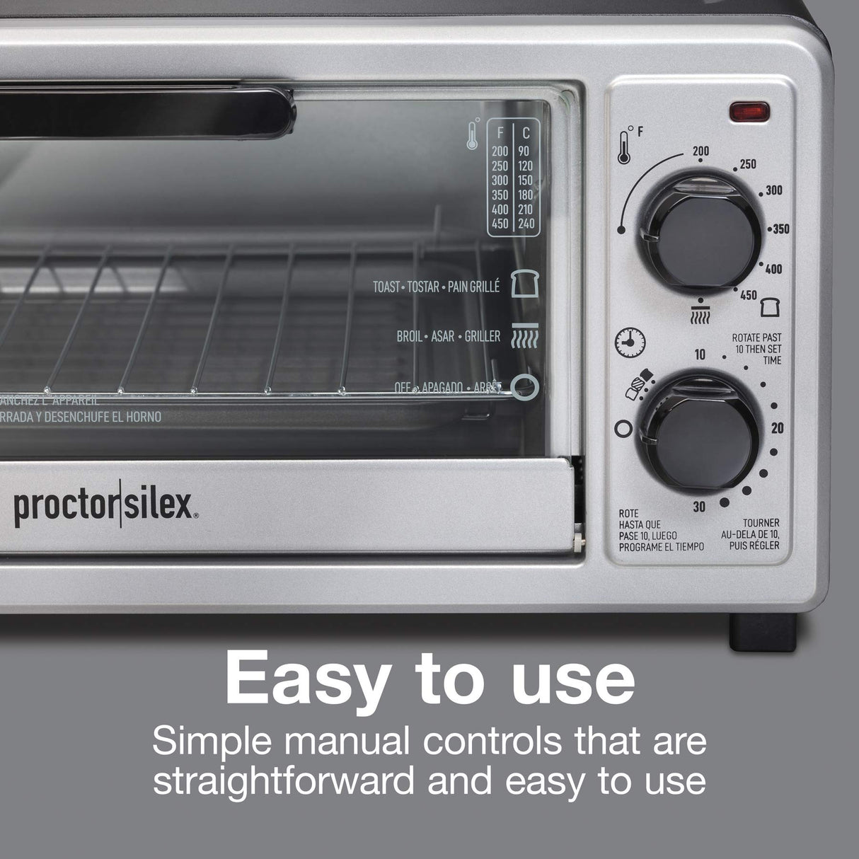 Proctor Silex 4 Slice Countertop Toaster Oven, Multi-Function with Bake, Toast and Broiler, 1100 Watts, 30 min timer and auto-shutoff, Includes Backing Pan and Rack, Black and Silver (31260) Proctor Silex