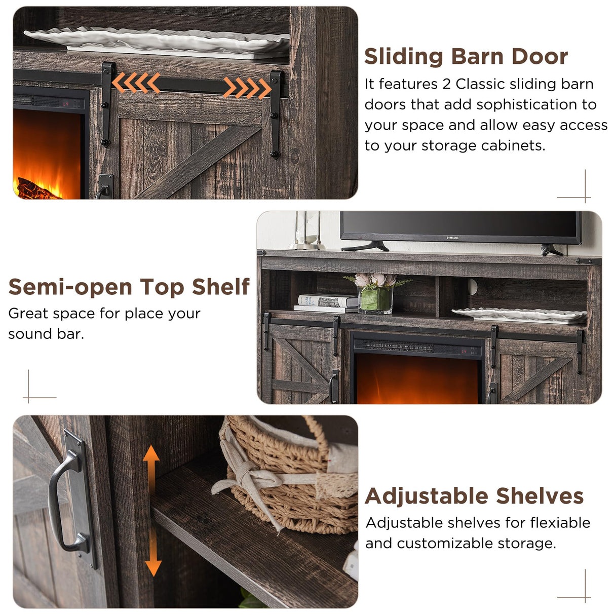 OKD Fireplace TV Stand for 65+ Inch TV, 33" Tall Highboy Farmhouse Entertainment Center w/ 23'' Electric Fireplace, Rustic Media Console w/Sliding Barn Door for Living Room, Dark Rustic Oak OKD