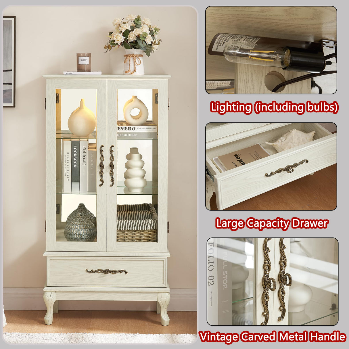 TRJQBCC 51"H Lighted Curio Display Cabinet with 2 Doors & 1 Drawer, Wooden Glass Curio Showcase w/ Adjustable Shelves & Mirrored Back Panel, Storage Cabinet Display Case for Living Room(Antique White) TRJQBCC