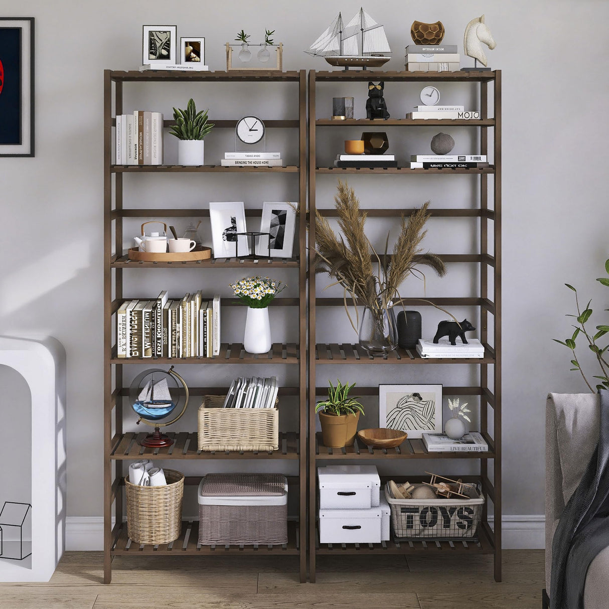 HITNET Bookcase, Bamboo Bookshelf, 6-Tier Adjustable Tall Open Book Shelf, Free Standing Storage Shelves Organizer, Flower Plant Display Stand, Walnut HITNET