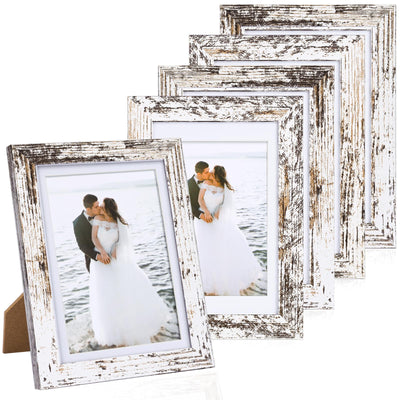 Fixwal 5x7 Picture Frames Set of 5 with Distressed White Wood Grain and HD Real Glass Cover, Vintage Photo Frames for Wall Decor Mounting and Tabletop Display