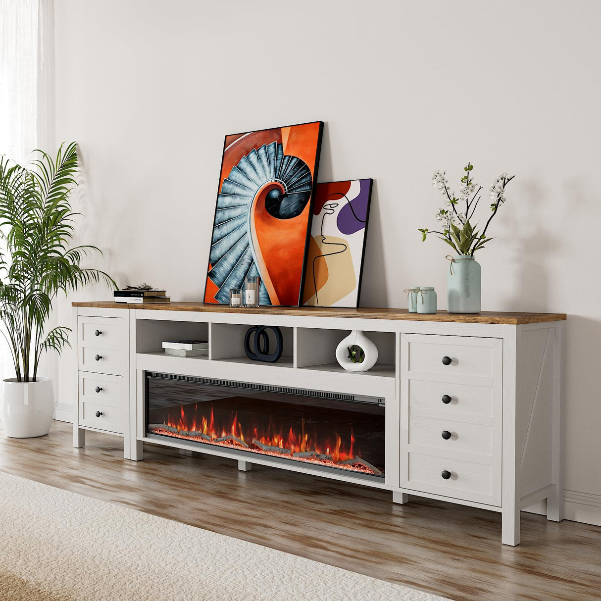 BVIUNTWO 83 Inch Fireplace TV Stand for TVs Up to 95 Inch,Farmhouse Entertainment Center with 50" Electric Fireplace,White TV Console with Storage Cabinets for Living Room BVIUNTWO