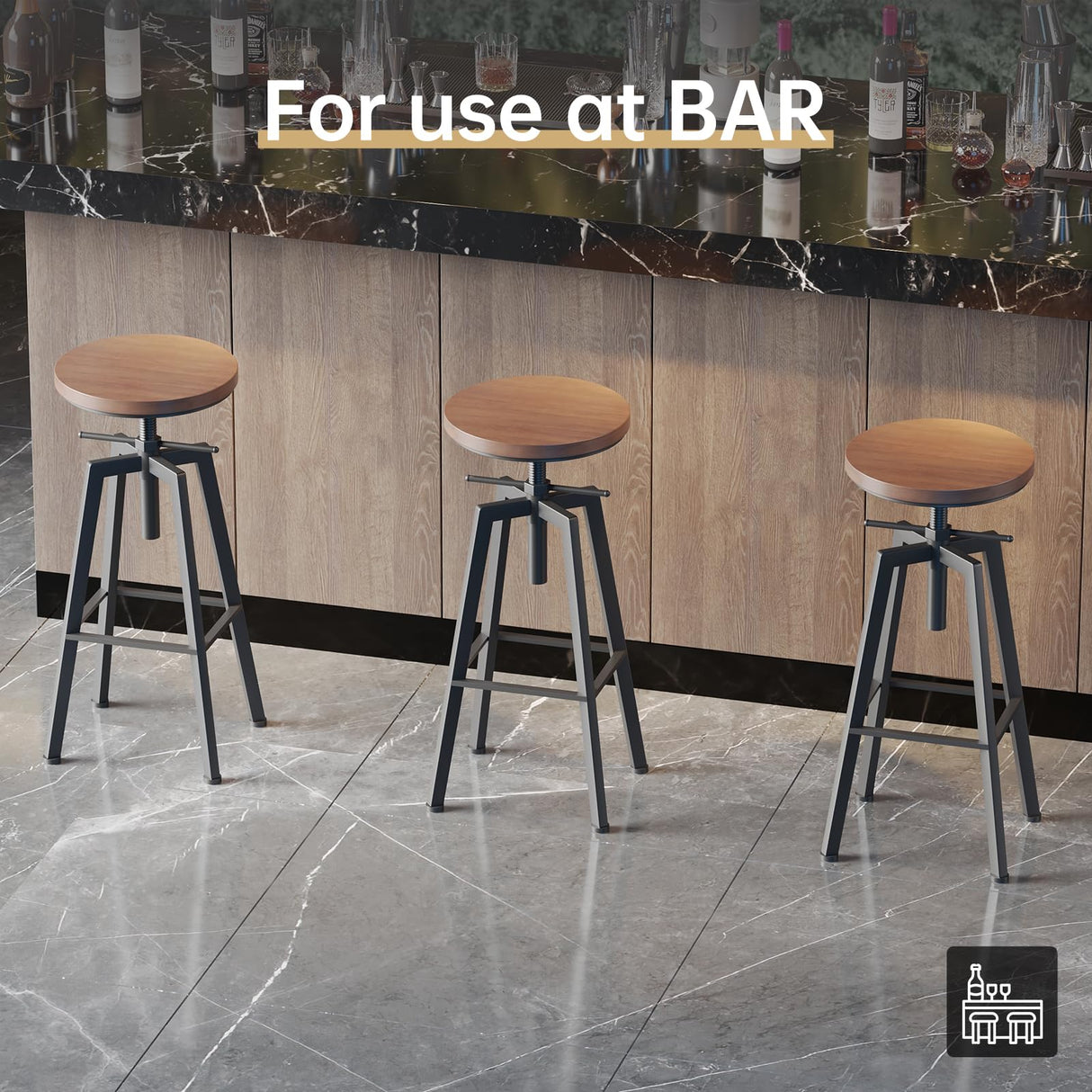 VILAVITA Vintage Adjustable Bar Stools Set of 2, Height Ranges from 24.8 to 30.8 inch, Natural Wood Seat and Heavy Metal Frame Rustic Industrial Swivel Bar Stools VILAVITA