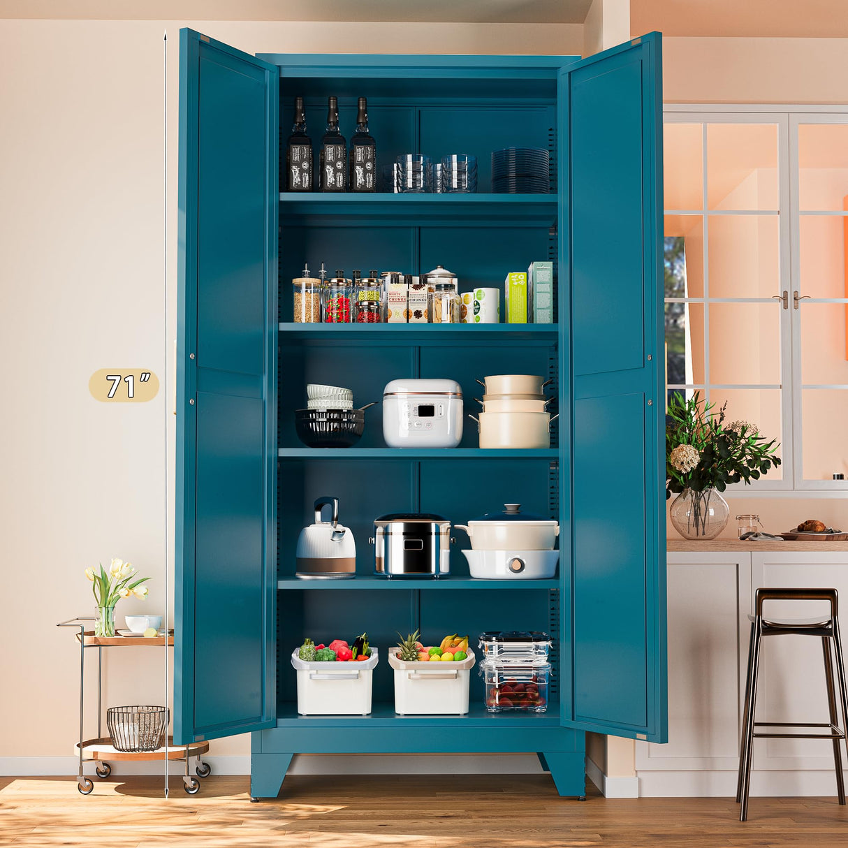 Washsemba 71'' Farmhouse Metal Storage Cabinet with Barn Doors,Steel File Cabinet for Home Office,Kitchen Pantry 4 Adjustable Shelves,Freestanding Cupboard for Kitchen,for Office, Home (Peacock Blue) Washsemba