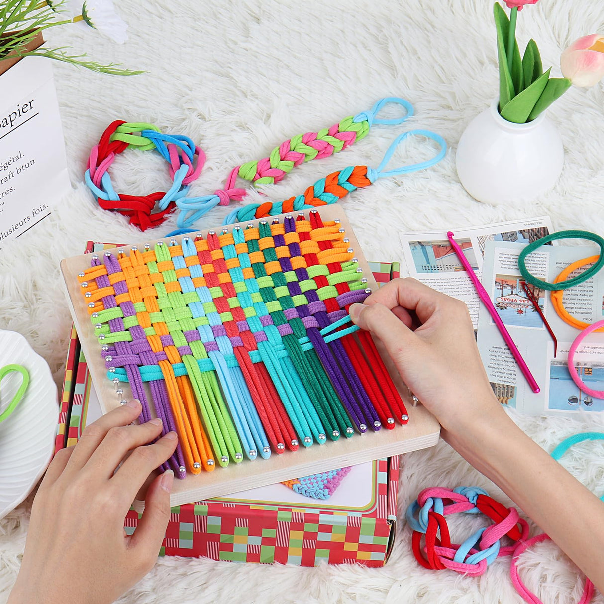 Aeelike Weaving Loom Kit for Kids, Potholder Wood Loom Kits Including 192 PCS Colorful Craft Loops Detailed Instructions for Girls Boys Ages 5-12 Activity, Durable-Perfect Kids Gift-Happy Time Aeelike