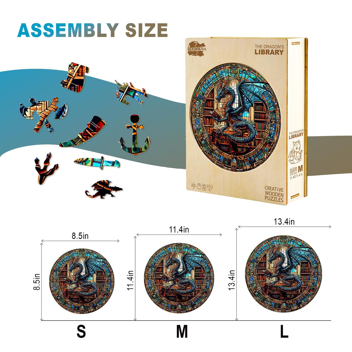 Wooden Puzzles for Adults - The Dragon's Library Wooden Jigsaw Puzzles for Adults Kids, Unique Shaped Challenging Animal Adult Puzzles,Creative Gifts Family Game 8.5 * 8.5in 100pcs Purdicra