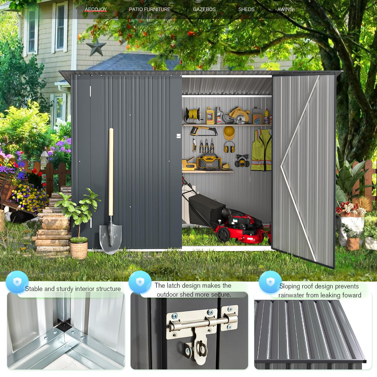AECOJOY 7x3 Lean to Shed, 3x7 Outdoor Bike Sheds & Outdoor Storage Clearance, Small Lean to Metal Storage Shed, Outdoor Storage Cabinet Weatherproof for Bikes in Dark Grey AECOJOY