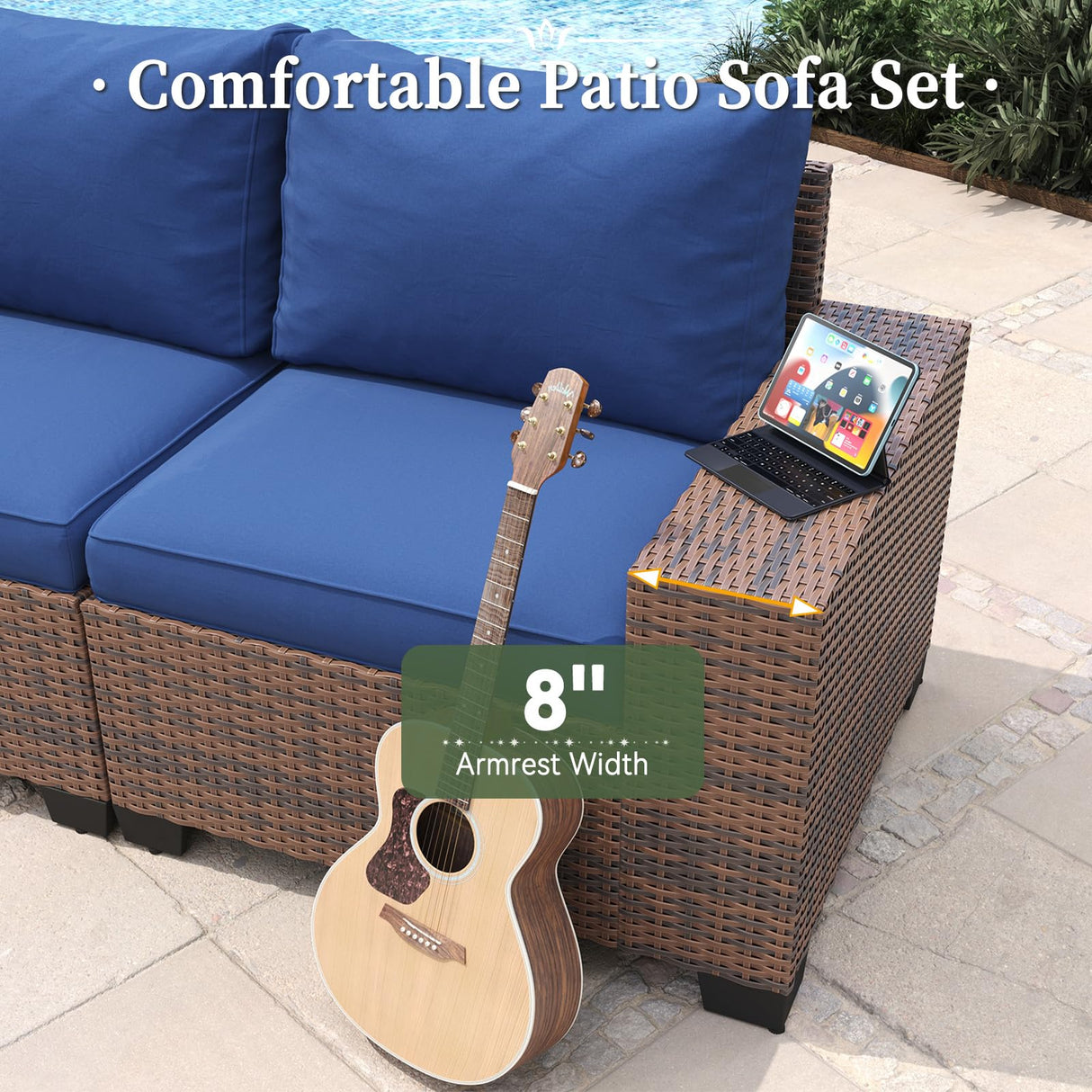 Aoxun 6 Piece Patio Furniture Set with Wide Armrests Wicker Rattan Outdoor Sectional Sofa Set with Coffee Table and Thickened Cushions, Brown/Blue(Waterproof Cover Included) Aoxun