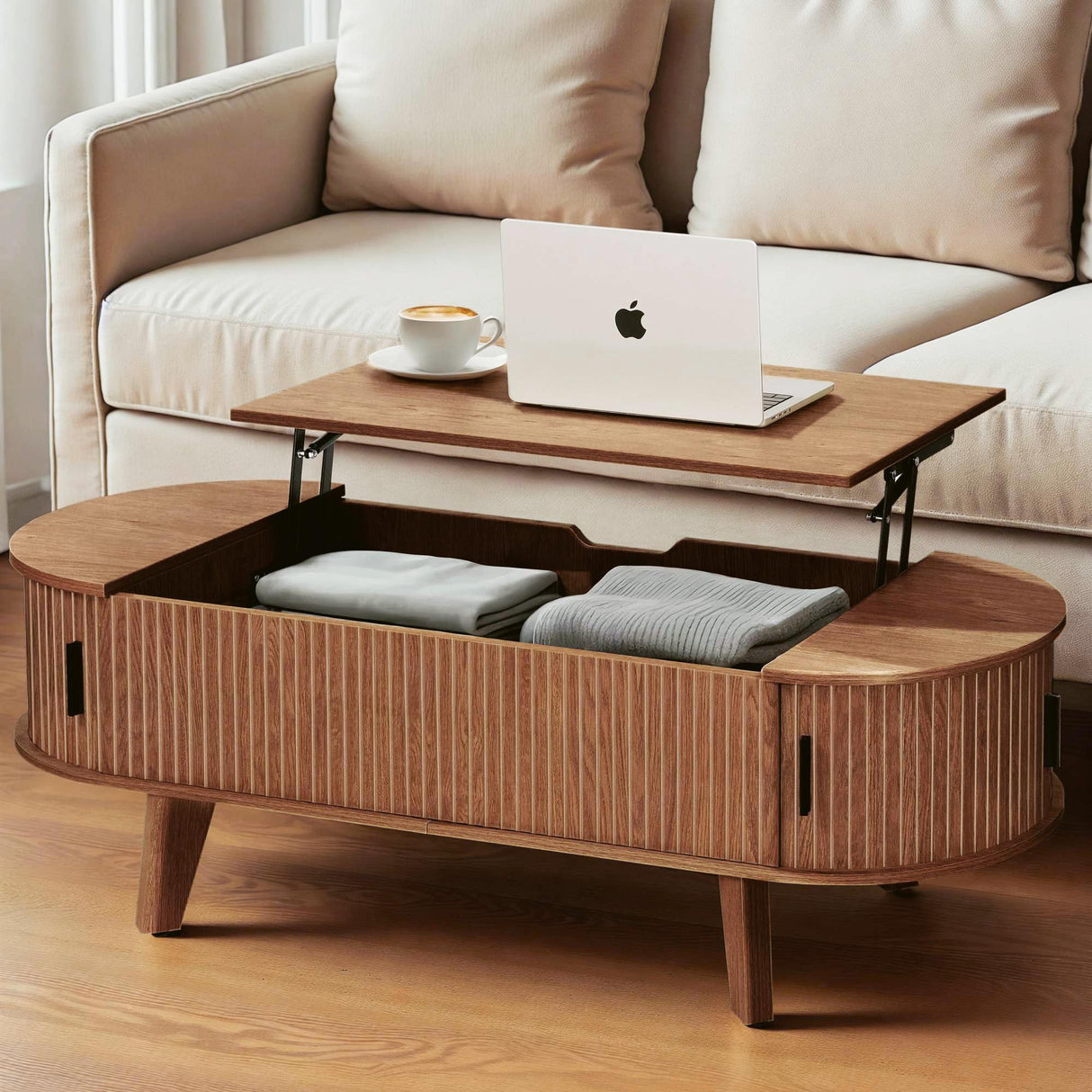 Pruchant Oval Lift Top Coffee Table with Storage, 47.2" Mid Century Modern Living Room Center Table with 180° Sliding Tambour Door, Wood Fluted Coffee Table for Home Office, Walnut Pruchant
