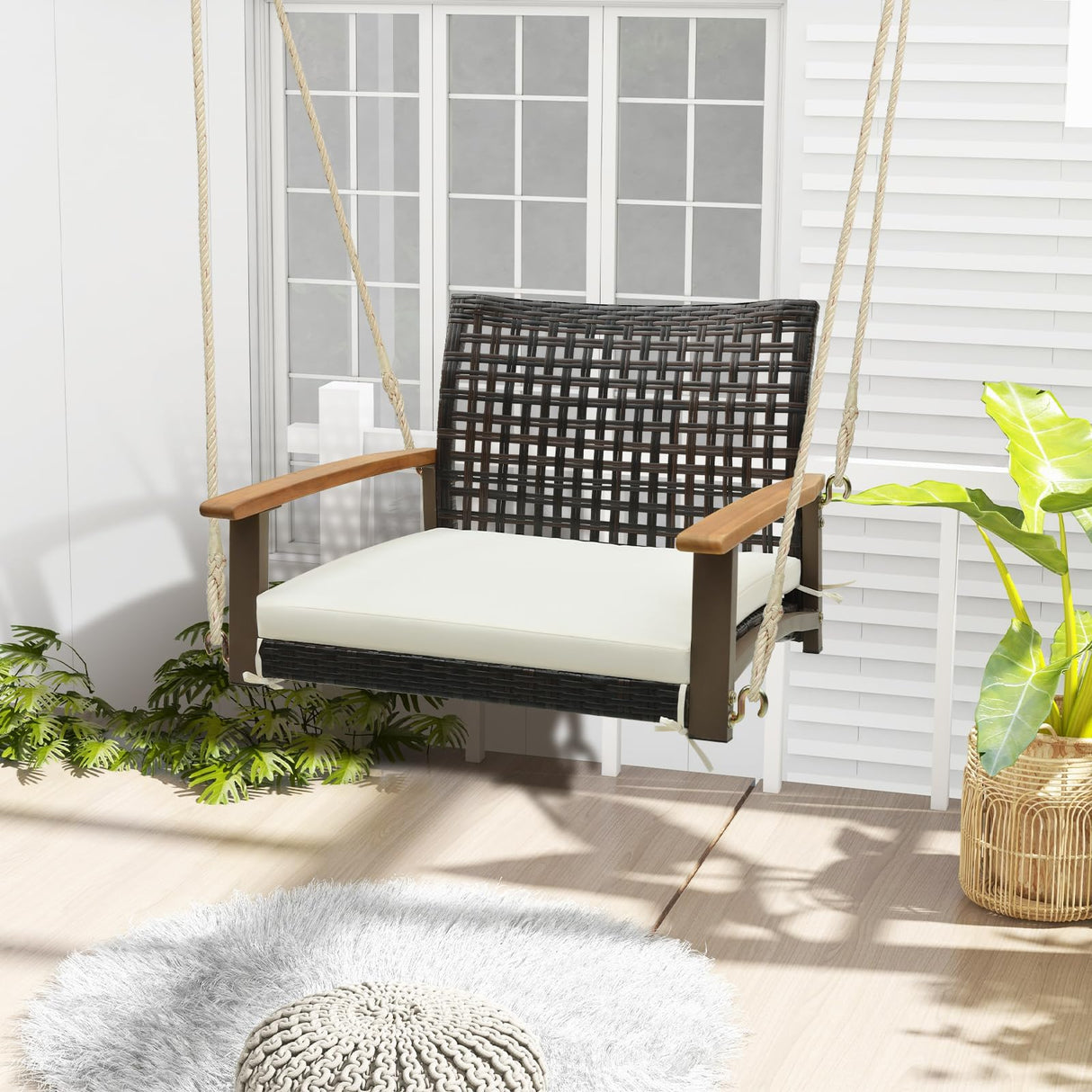 Tangkula 1-Person Rattan Porch Swing with Cushion, Outdoor Single Swing Chair Bench with Acacia Wood Armrests and Hanging Hemp Ropes, Bench Swing for Porch, Yard, Balcony, Tree (Off White) Tangkula