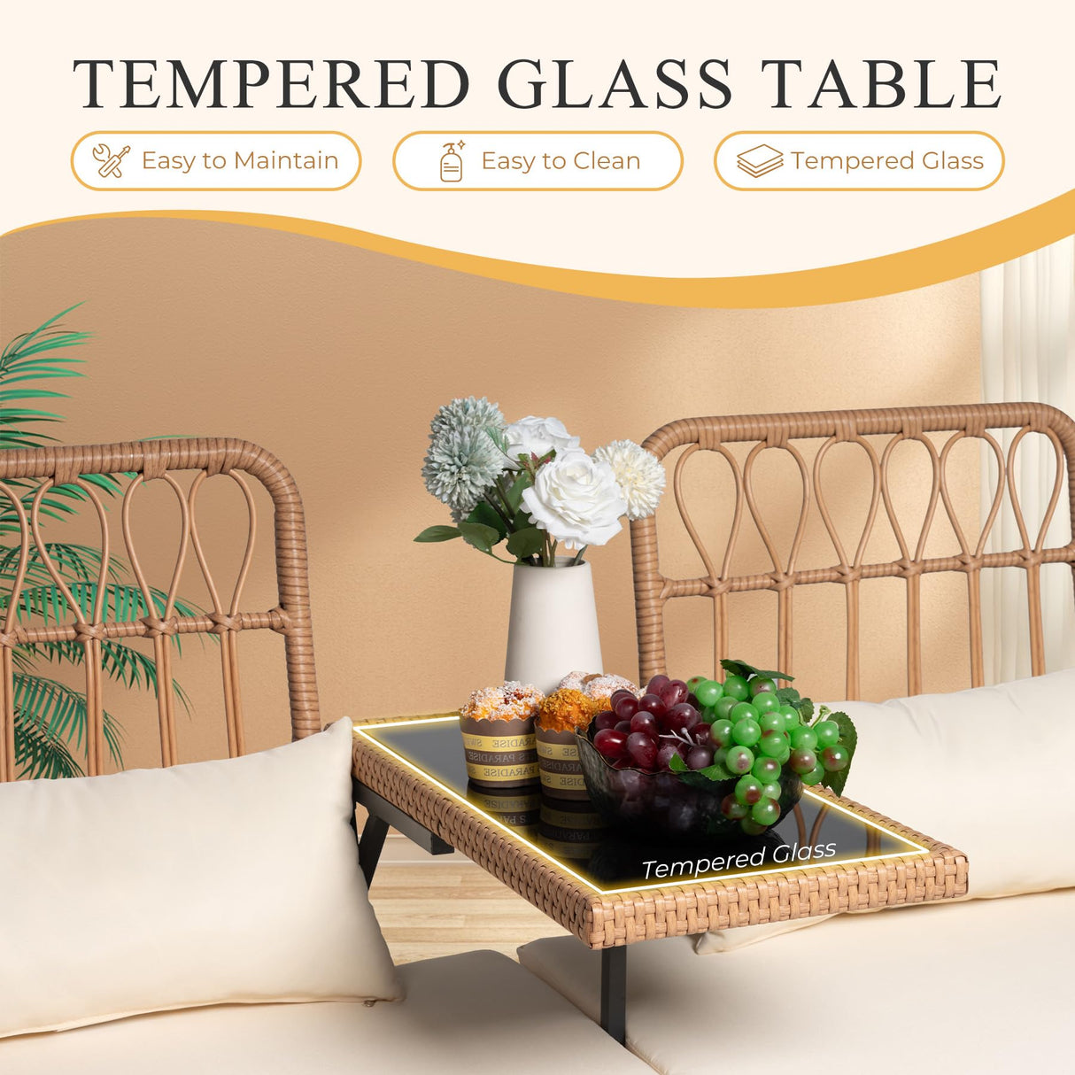 PROHIKER Patio Furniture Outdoor Rattan Loveseat 2-Seat with Built-in Table, Lumbar Pillows and Cushions, All-Weather Wicker Loveseat Porch Chairs for Balcony, Lawn, Backyard PROHIKER