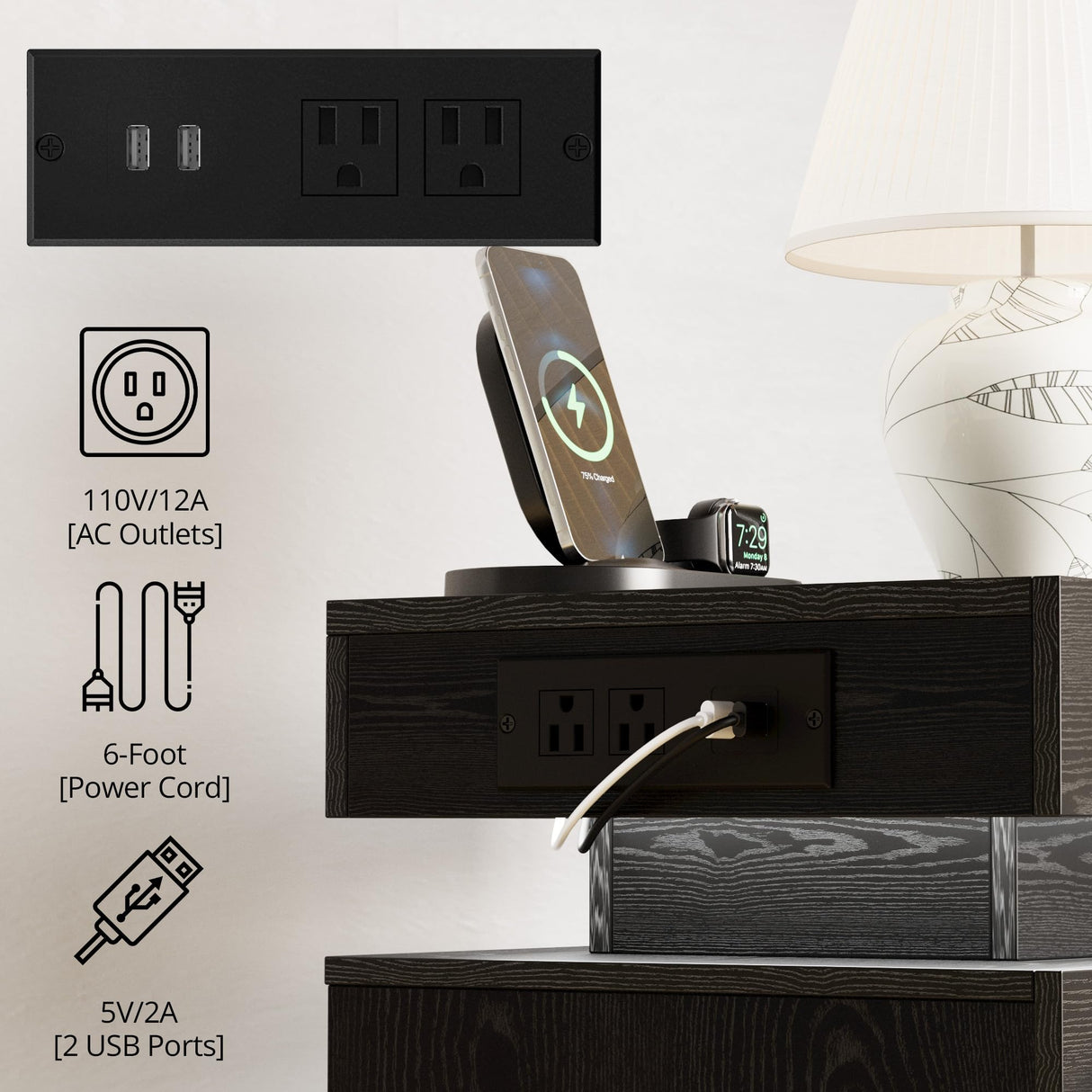 LIKIMIO Night Stand with Charging Station, Modern Black Nightstand with LED Light and 3 Drawers, Bedside Tables/End Table for Bedroom LIKIMIO