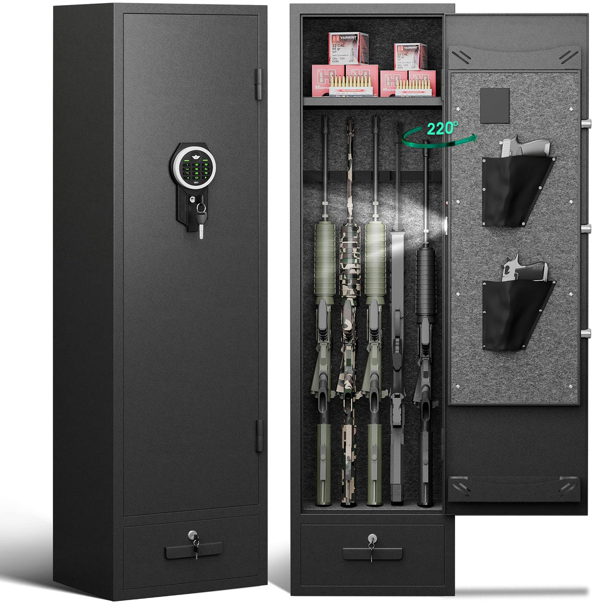 RIFLEWELL Gun Safe, 4-5 Rifle Gun Safe, Gun Safes for Home Rifle and Pistols, Quick Access Gun Cabinets with LED Light, Rifle Safe with Adjustable Gun Rack Riflewell