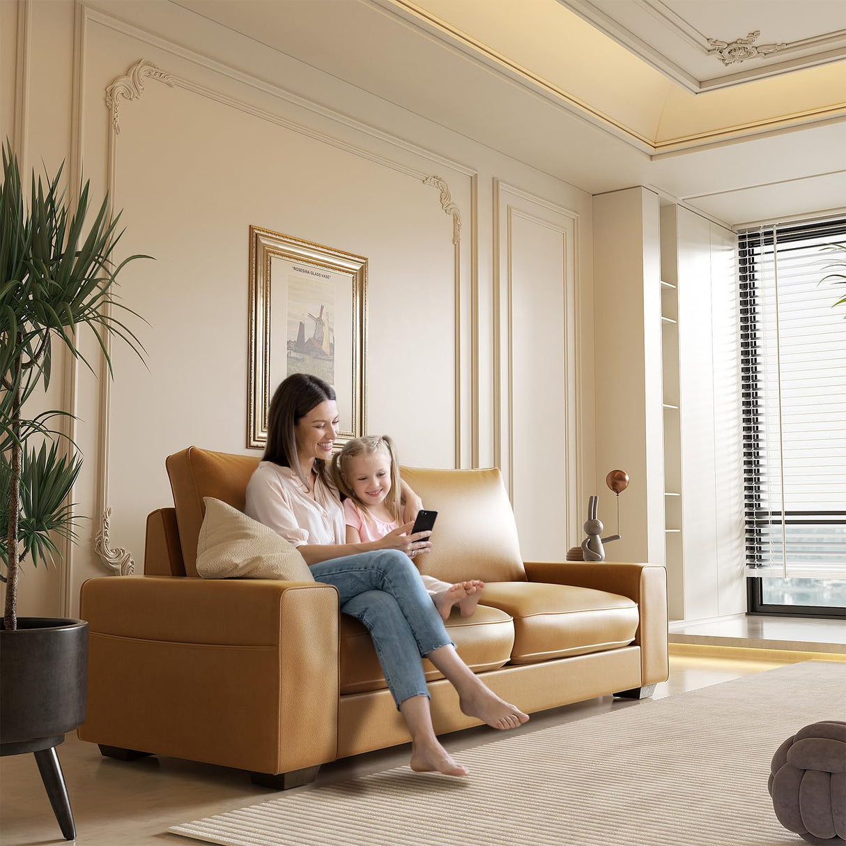 Valthie Faux Leather Couch, Mid Century Modern Comfy Loveseat Sofa with Wide Arm, Side Pockets, Solid Wooden Frame for Office, Living Room and Bedroom, 3 Seater (Brown, 88.58 inches) Valthie