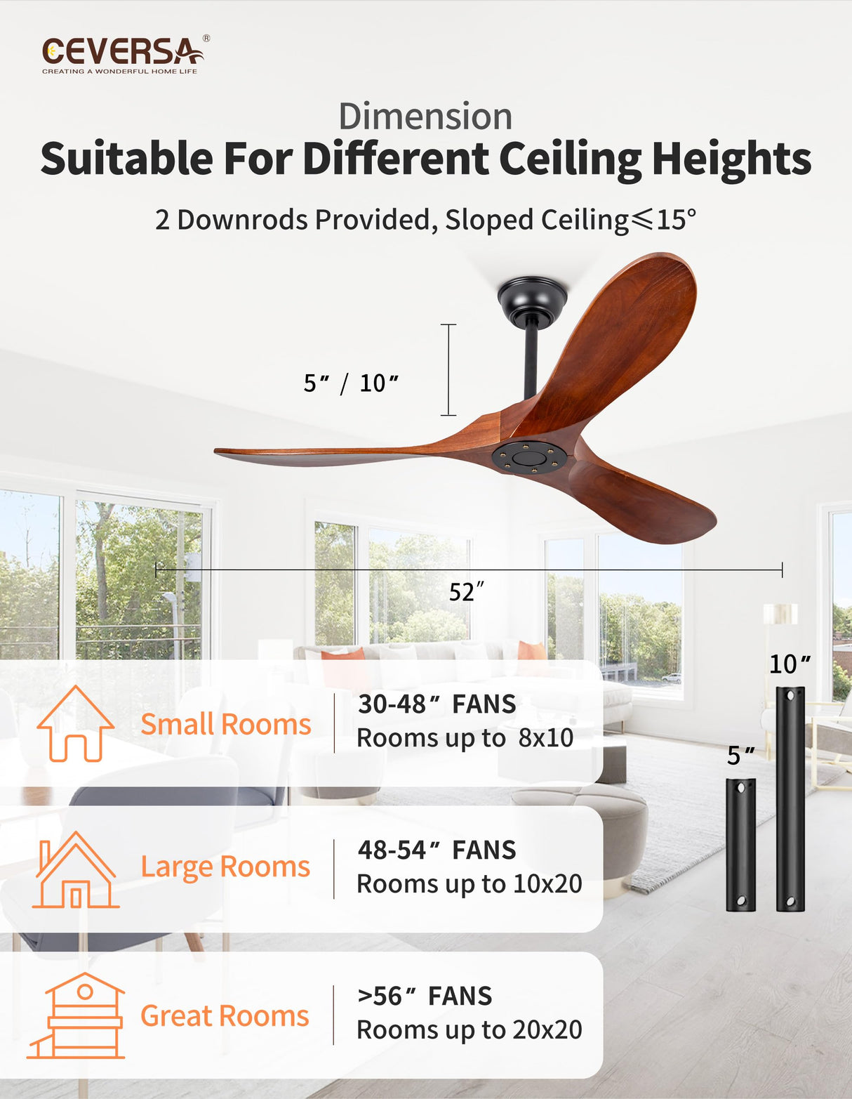 Ceversa 52 Inch Solid Wood Ceiling Fan No Light Remote Control,Outdoor Real Wood Ceiling Fan Without Light 3 Blades Walnut Exquisite Craftmade Quiet for Patio,Farmhouse,Living Room, Bedroom, Office Ceversa
