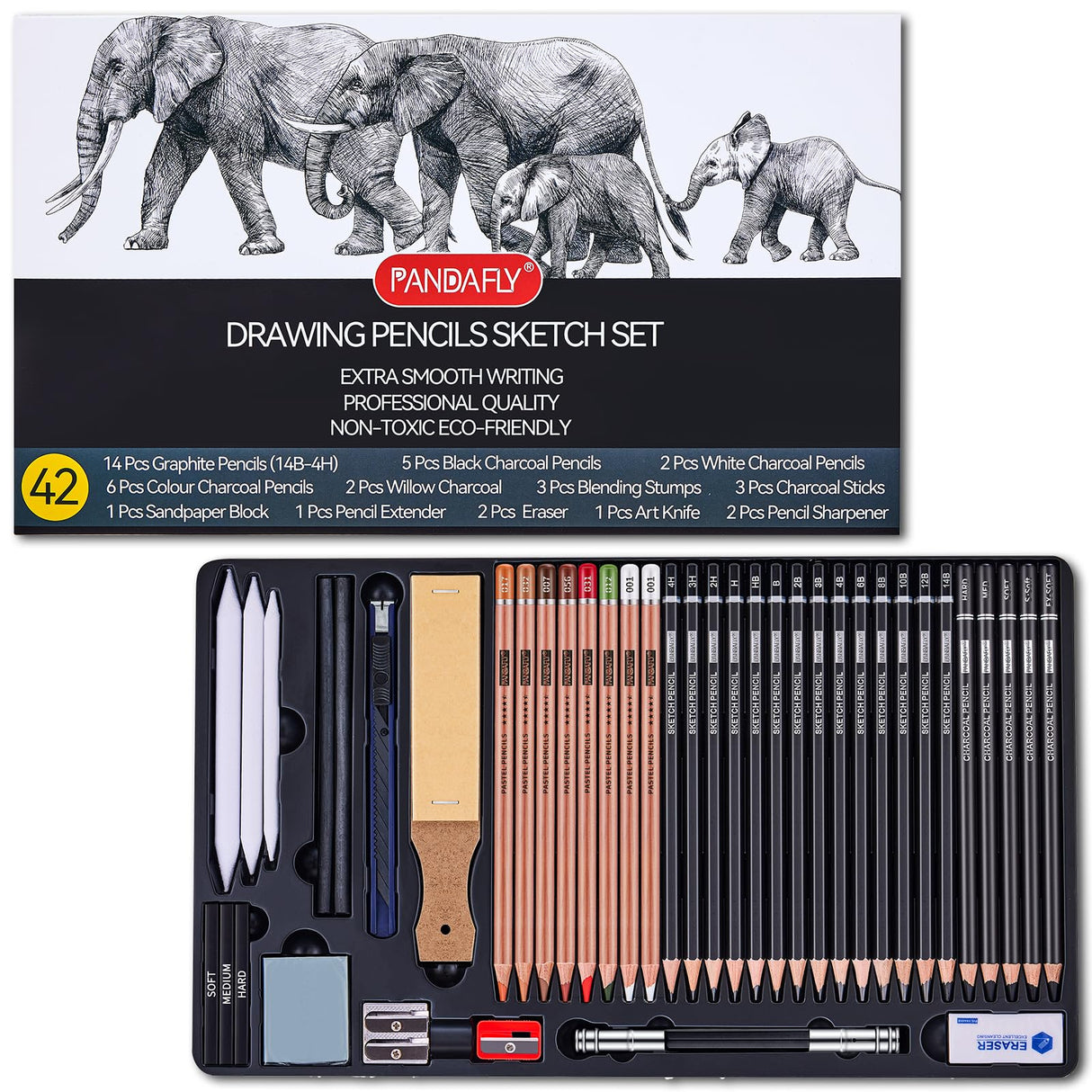 PANDAFLY Drawing Sketching Pencil Set, 42 Pack Pro Art Pencil Kit with Graphite Pencils (14B-4H), Charcoal Pencil, Ideal for Shading, Blending, Drawing Set for Beginners & Pro Artists PANDAFLY