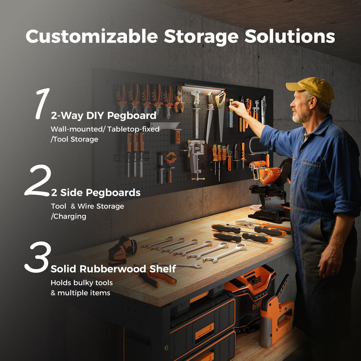 CAMMOO 60" Work Bench Adjustable Height with Storage Shelf, Max Load 2000 LBS Heavy Duty Rubberwood Tabletop with Pegboard, LED Light, Built-in Power Strip for Woodworking Shop, Garage, Home CAMMOO