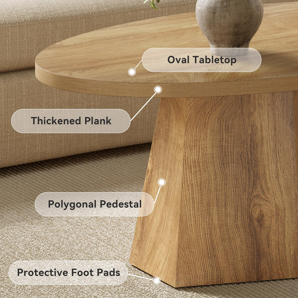 Oval Coffee Table, 47-Inch Living Room Table with Polygonal Pedestal, Modern Center Accent Furniture, Child-Friendly, Easy to Assembly, Yellowish Brown LITTLE TREE