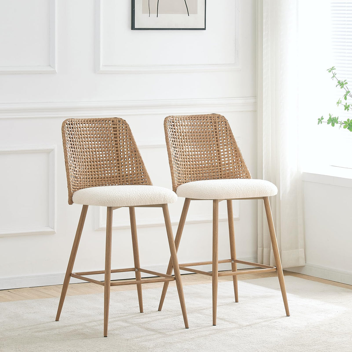 Modern Rattan Bar Stools Set of 2,Modern Upholstered Counter Height Bar Stools with PE Cane Back,26" H Seat Height Bar Chair Island Stools with Solid Metal Legs for Kitchen Counter Home Pub,Brown JALOURT