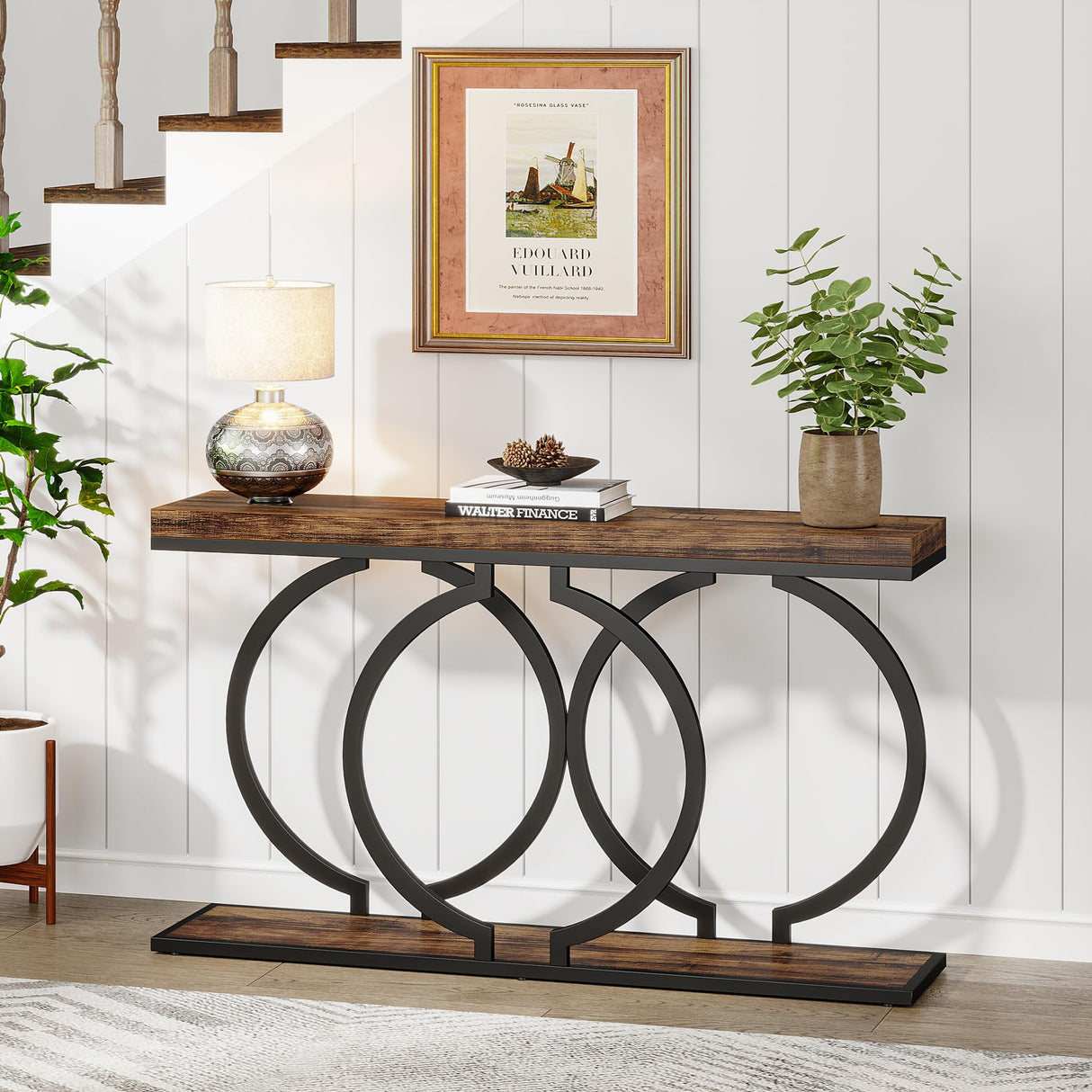 Tribesigns Industrial Console Table, 55 inch Wood Entryway Table Narrow Long Sofa Table, Rustic Accent Table for Living Room, Entrance Table Geometric Metal Frame, Rustic Brown Tribesigns