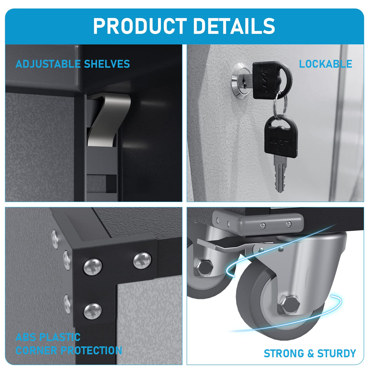 Waqiv Rolling Garage Storage Cabinet with Locking Door and Shelves, 71''H Lockable Metal Storage Cabinet on Wheels, Steel Tool Cabinet for Warehouse, Basement, Utility Room, Black&Gray Waqiv