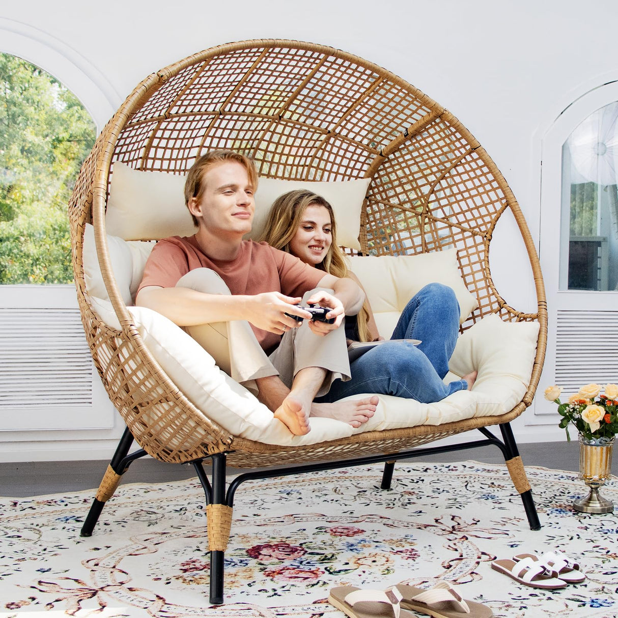 BULEXYARD Double Egg Chair Indoor Outdoor 680lbs, 2 Person Brown Wicker Oversized Stationary Egg Chair with Beige Thick Cushion, Patio Wide Lounge Loveseat with Legs for Balcony, Porch BULEXYARD