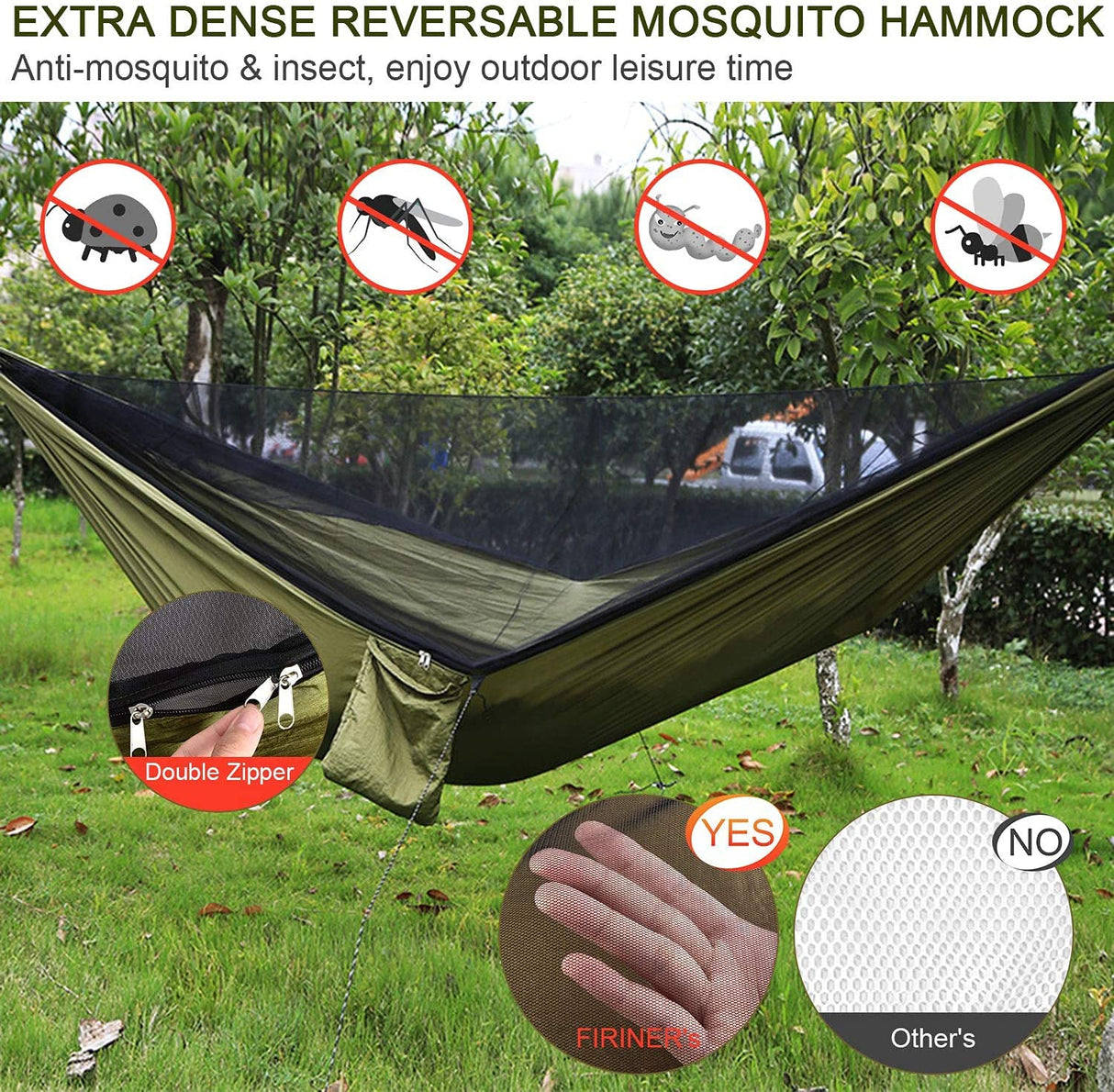 FIRINER Camping Hammock with Rain Fly Tarp and Mosquito Net Tent Tree Straps, Portable Single Double Nylon Parachute Hammock Rainfly Set for Backpacking Hiking Travel Yard Outdoor Activities Green FIRINER