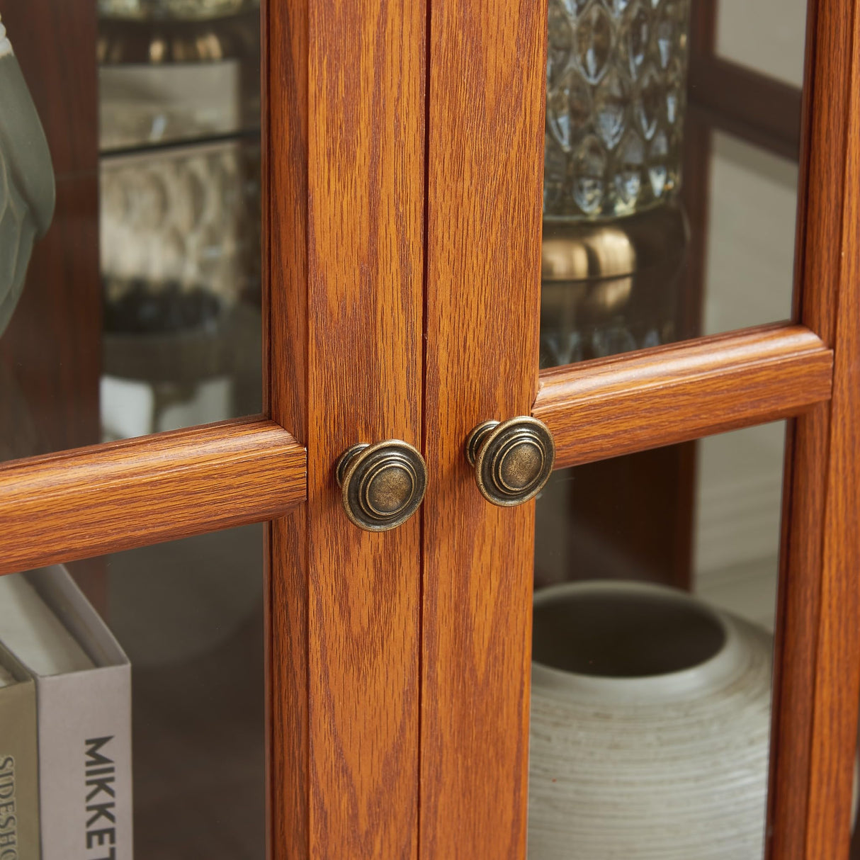 CKEASEAN 32" H LED Accent Curio Cabinet with 7 Color Lights for Collectibles, Modern Storage Cabinet with Tempered Glass Doors, Sideboard Buffet Case with Smartphone-Controlled Lights (Dark Oak) CKEASEAN