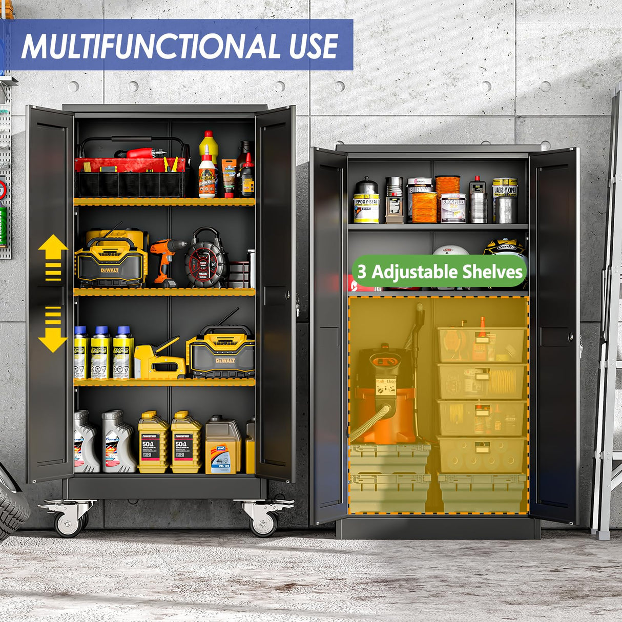 AUEYTVR 61" Tall Metal Garage Storage Cabinet with Wheels and Locking Doors and Tall Rolling Steel Tool Cabinet with 3 Adjustable Shelves for Garage,Home,Office,Shop (Black) AUEYTVR