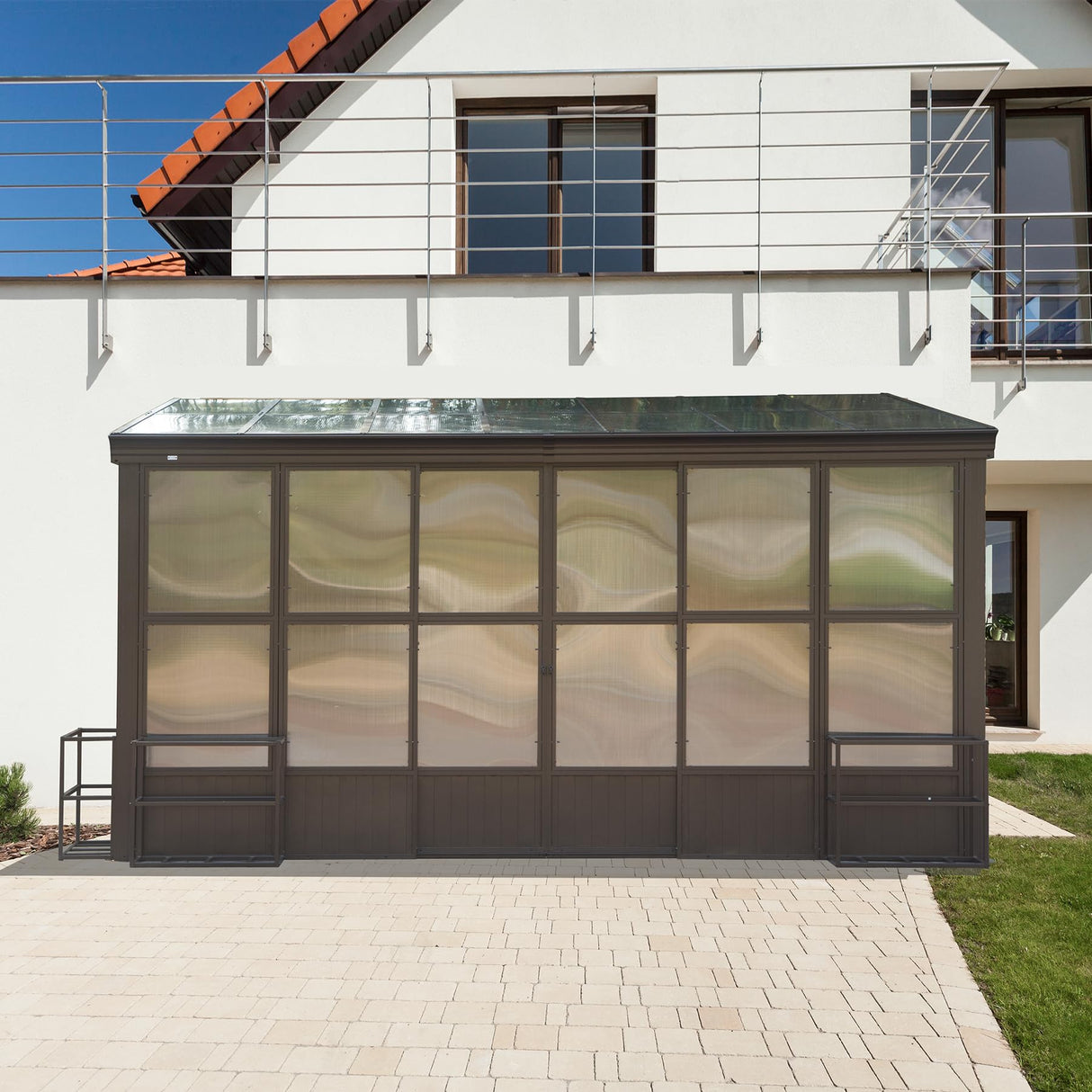 Domi 10x12FT Wall Mounted Sunroom Gazebo, Aluminum Enclosed Gazebo with 2 Lockable Sliding Doors,Sloping Polycarbonate Roof&Moveable PVC Screen, Outdoor Sun Room Lean to Gazebo for Deck Patio domi outdoor living