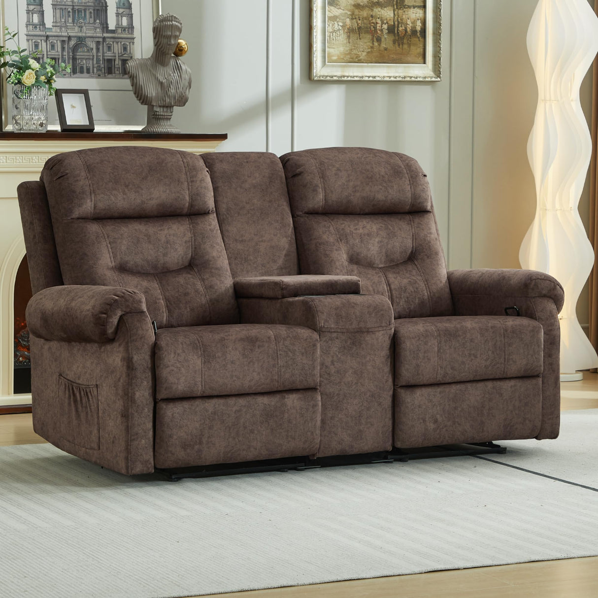 DRMBOOK RV Loveseat Recliner Sofa with Console, Velvet Fabric Double Wall Hugger Reclining Couch Manual Home Movie Seating 2 Person Recliner Chair with Cup Holders/Storage/Pocket/Lumbar Pillow, Brown DRMBOOK