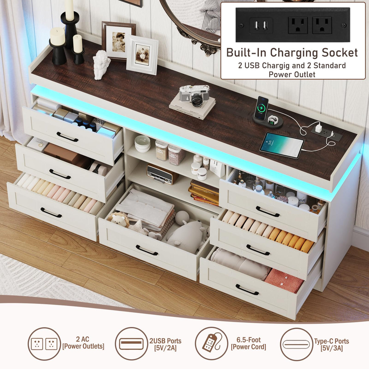70" Large Farmhouse 7 Drawers Dresser for Bedroom with LED Light and Power Outlets + 2 Open Storage Shelves,Wide 7 Chests of Drawers for Closet,Storage Dressers Organizer for Bedroom(Antique White) Hlivelood