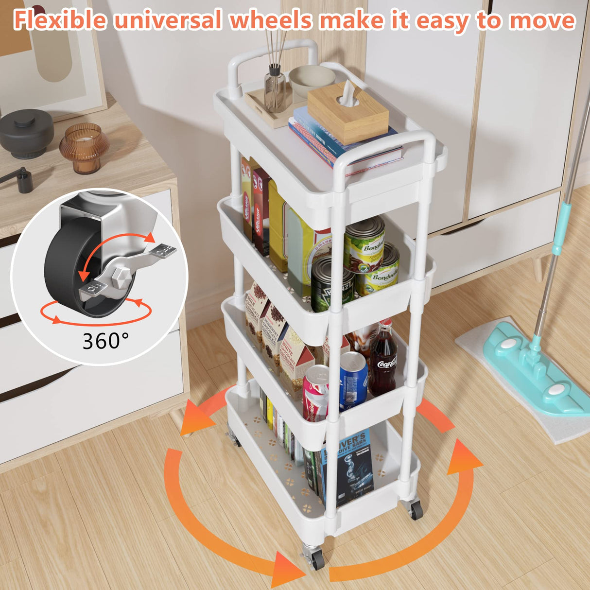 Calmootey 4-Tier Rolling Utility Cart with Drawer,Multifunctional Storage Organizer with Plastic Shelf & Metal Wheel,Storage Cart for Kitchen,Bathroom,Living Room,Office,White Calmootey