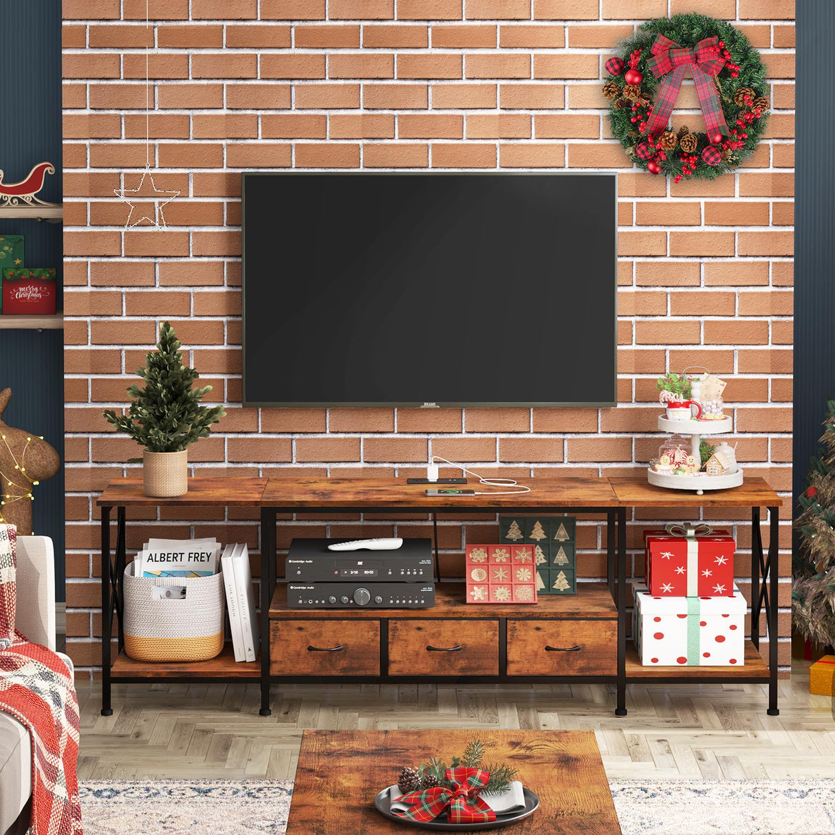 Fixwal TV Stand for 65 60 70 Inch TV with Power Outlets, Entertainment Center with Fabric Drawers, TV Console Table with Metal Frame Storage Shelves for Living Room, Bedroom - 63" Rustic Brown Fixwal