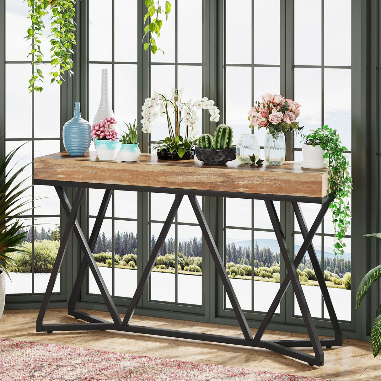 Tribesigns 55 Inches Console Table, Farmhouse Sofa Table Wood Entryway Table with Unique Metal Base, Behind The Couch Table Foyer Table, Industrial Accent Table for Hallway, Living Room, Entrance Tribesigns