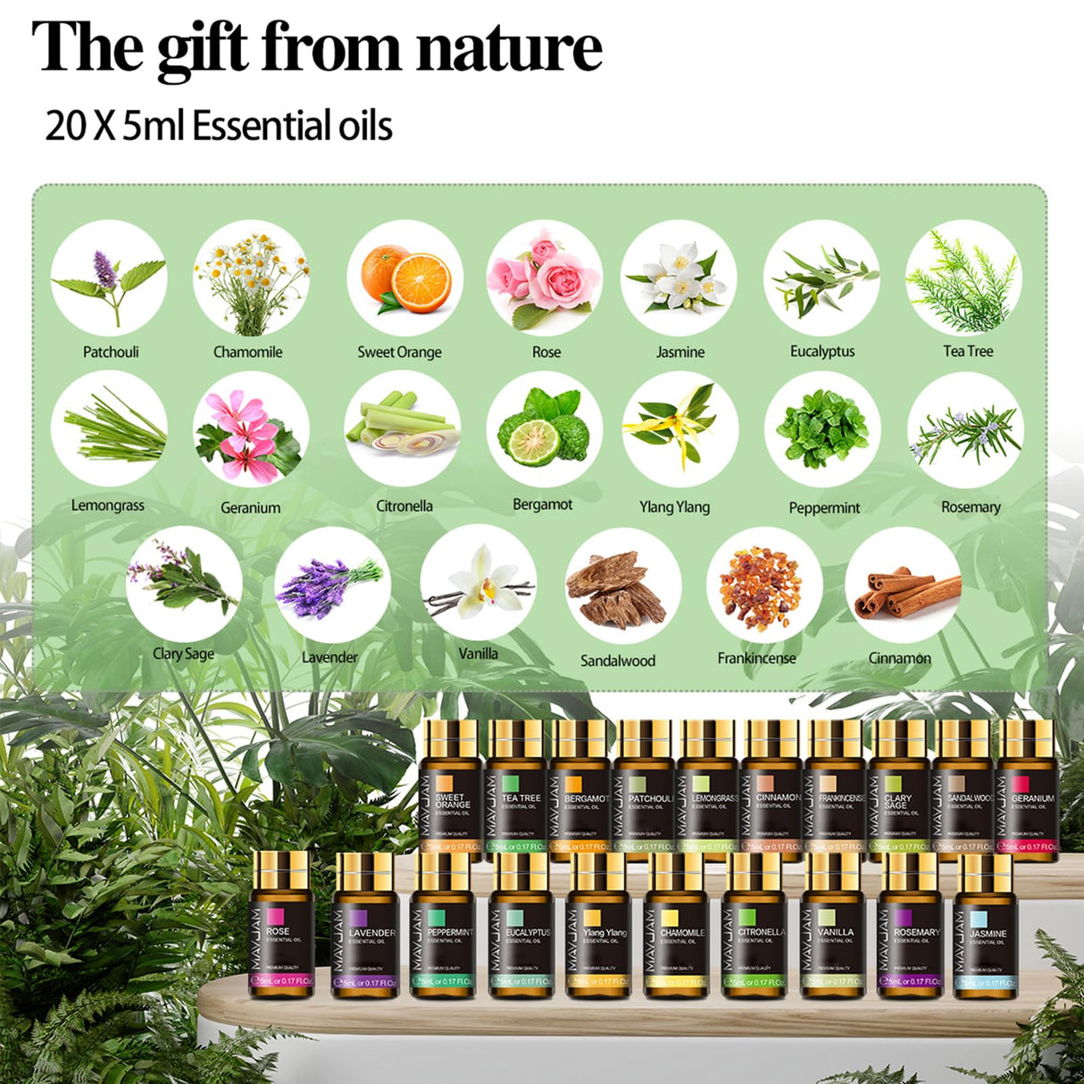 MAYJAM Tea Tree 20 Pcs Pure Essential Oil Gift Set, for Diffuser, Humidifiers, Skin Care, Massage, Fragrance Oil Scent for DIY Candle and Soap Making, Gift for Friend (5ML) MAYJAM