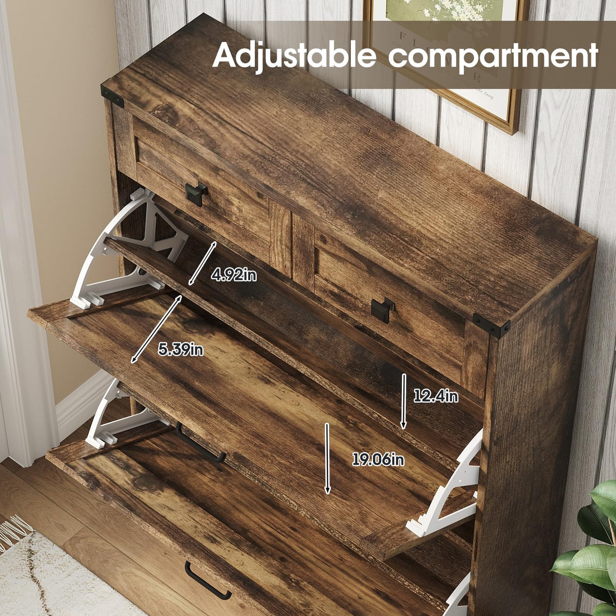 Halitaa Shoe Cabinet with 2 Flip Drawers & 2 Drawers,Farmhouse Shoe Storage Cabinet for Entryway,Slim Freestanding Narrow Organizer Rack for Front Door Entrance,Rustic Brown Halitaa