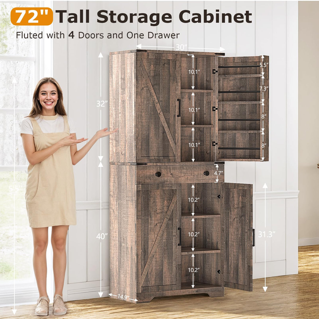 Teekyooly 72" Tall Farmhouse Kitchen Pantry Cabinet, Large Storage Cabinet with 6 Adjustable Shelves, 4 Barn Doors & Drawer for Bathroom, Dining Room, Brown Teekyooly