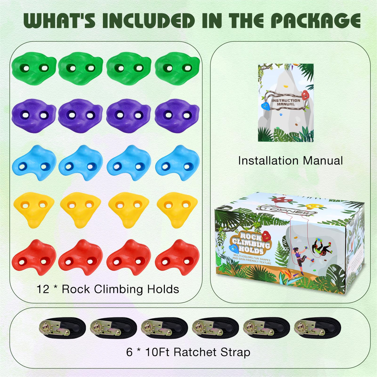 TOPNEW 20 Ninja Tree Climbing Holds for Kids Climber, Adult Climbing Rocks with 6 Ratchet Straps for Outdoor Ninja Warrior Obstacle Course Training TOPNEW