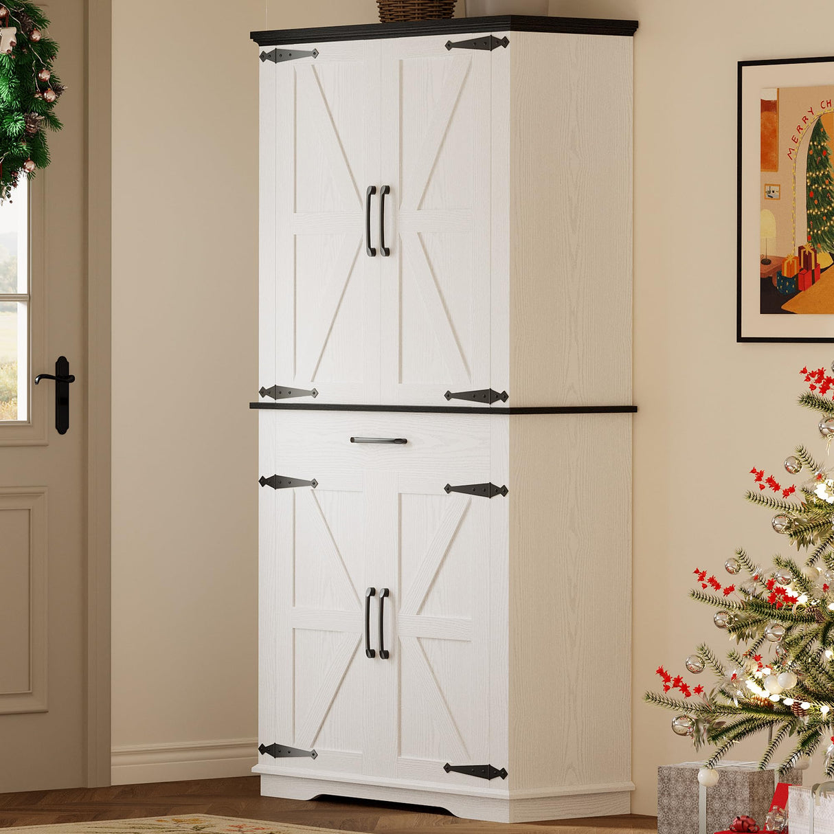 IRONCK Farmhouse Kitchen Pantry Cabinet, Tall Storage Cabinet with 6 Hanging Shelves and Adjustable Shelves, Freestanding Cupboard with Barn Doors for Kitchen, Dining Room,White/Black IRONCK