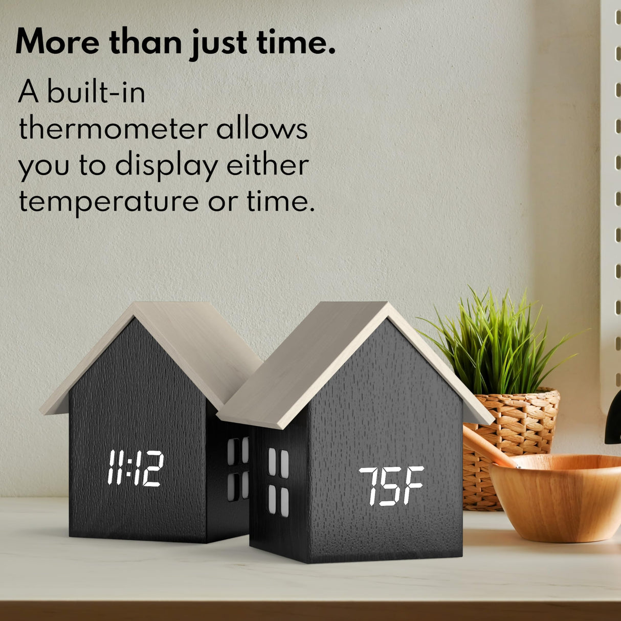 Driini Digital House Shaped Alarm Clock with Temperature Display (Dark Wood) – Modern Aesthetic with Cute Cube Frame and White LED Dimmer - Perfect Small Desk Clock for Bedside Table or Bedroom Mantle Driini