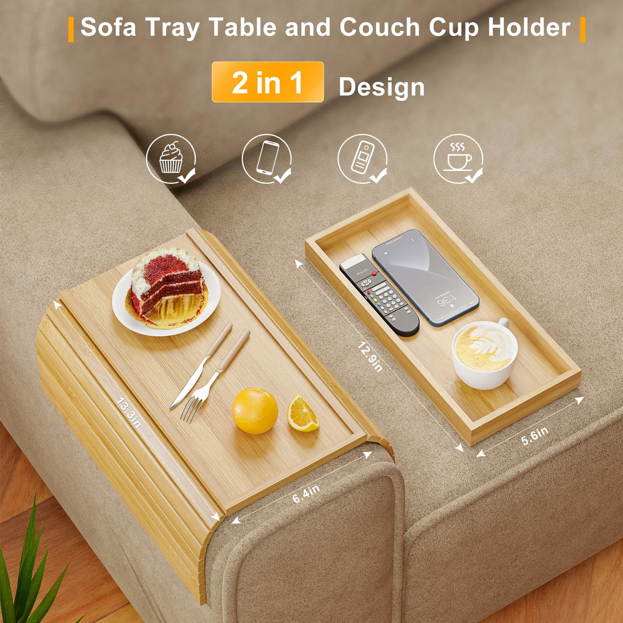 Bestjing Bamboo Sofa Armrest Tray Table for Couch - 2-in-1 Couch Arm Table Tray with Be Slide Detachable Tray - Anti-Slip Foldable Armchair Table Tray for Drinks Cup Cellphone Remote Snacks (Bamboo) Bestjing