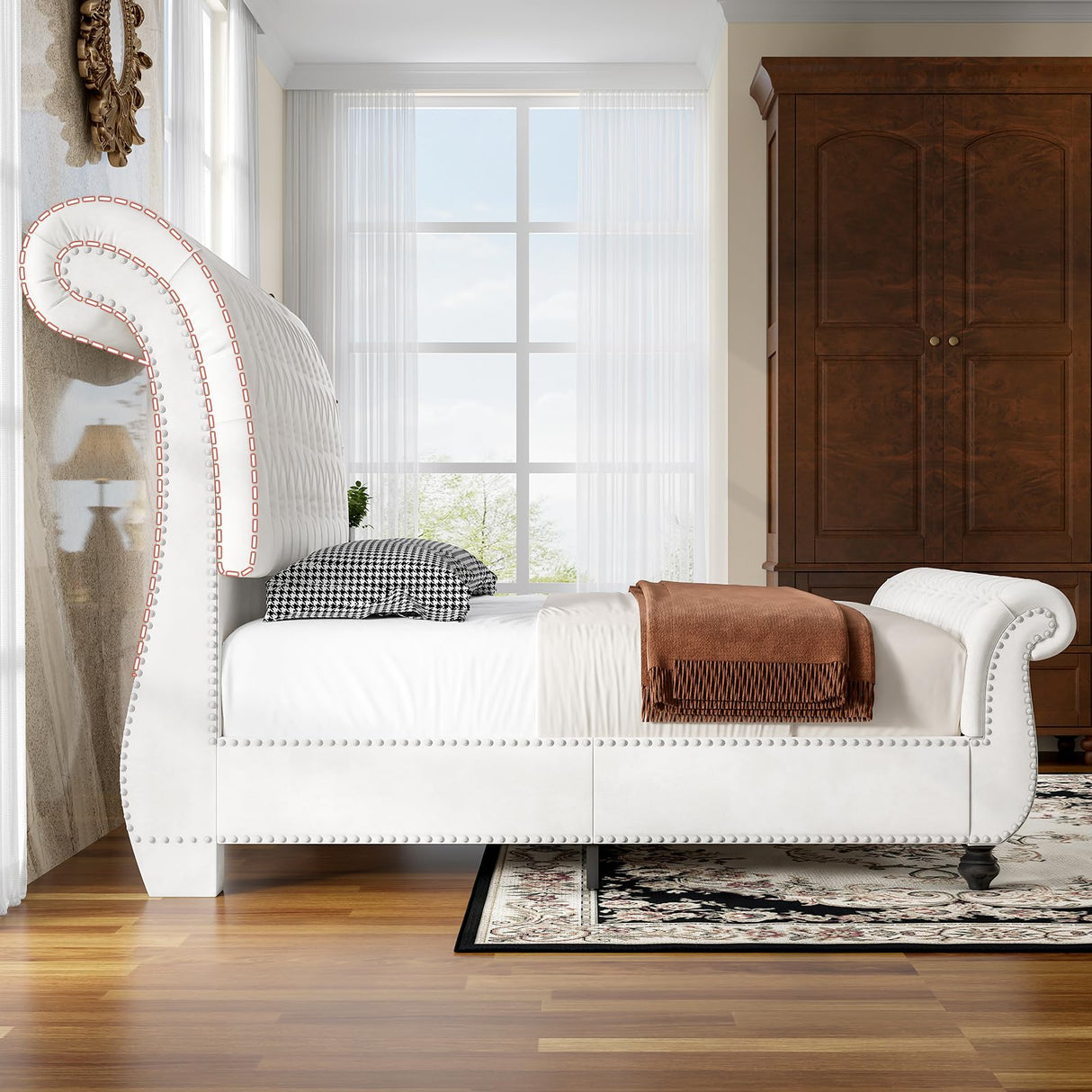 Jocisland King Size Bed Frame, Velvet Upholstered Platform Sleigh Bed with Scroll Headboard & Footboard, Button Tufted, No Box Spring Needed, White Jocisland