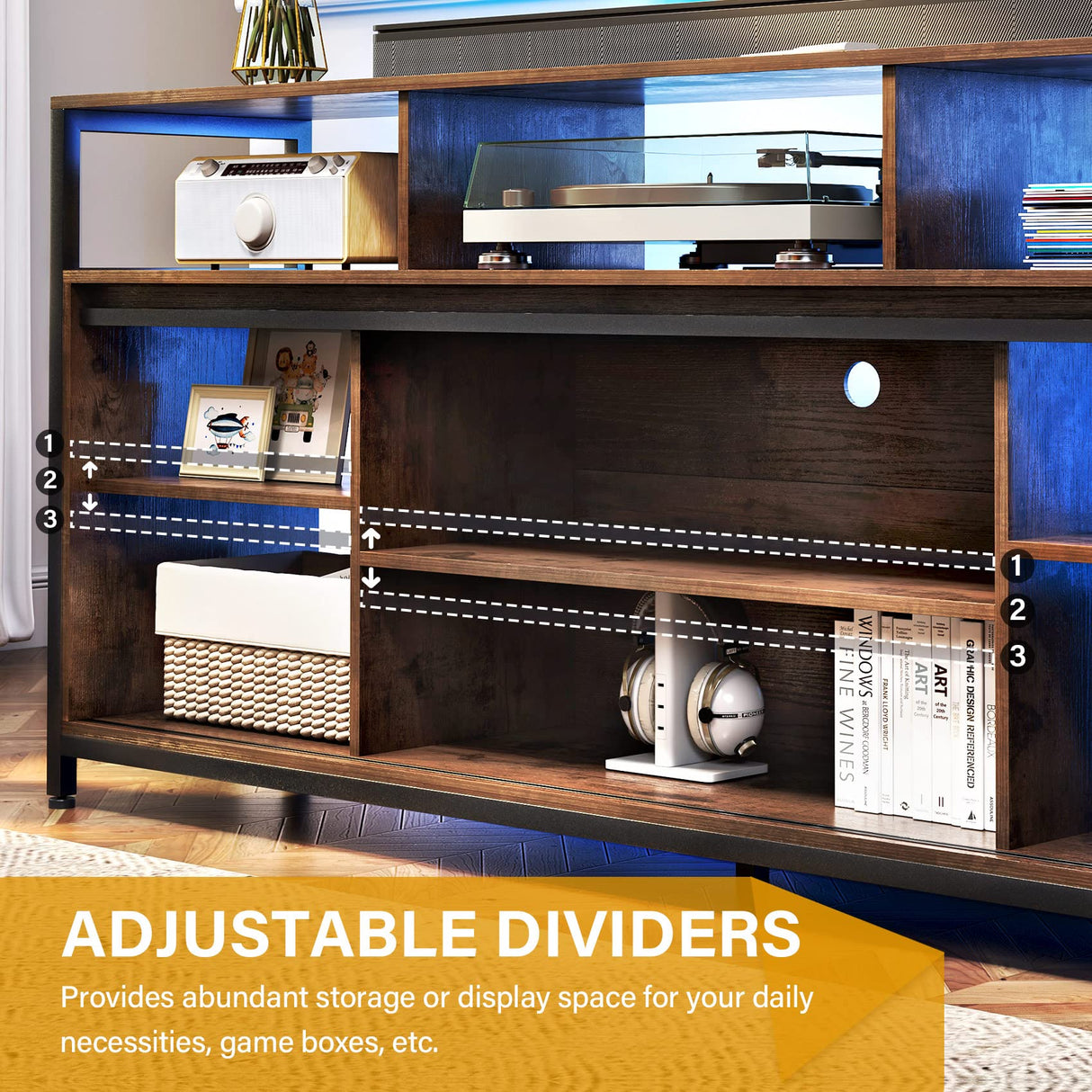 TC-HOMENY Brown TV Stand for 65 inch TV, Mid Century Modern Style, Sliding Barn Door, Adjustable Shelves, Built-in Charging Station and LED Light Strip, 33" High TC-HOMENY