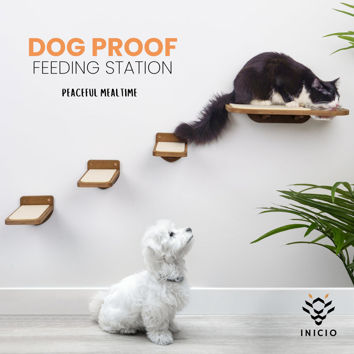 INICIO Cat Wall Shelves – Dog Proof Feeding Station with Wall Mounted Shelves, Durable 3 Step Birch Floating Shelf for Cats Up to 17lbs, Includes Attached Cat Food Bowl for Convenient Feeding – Brown INICIO